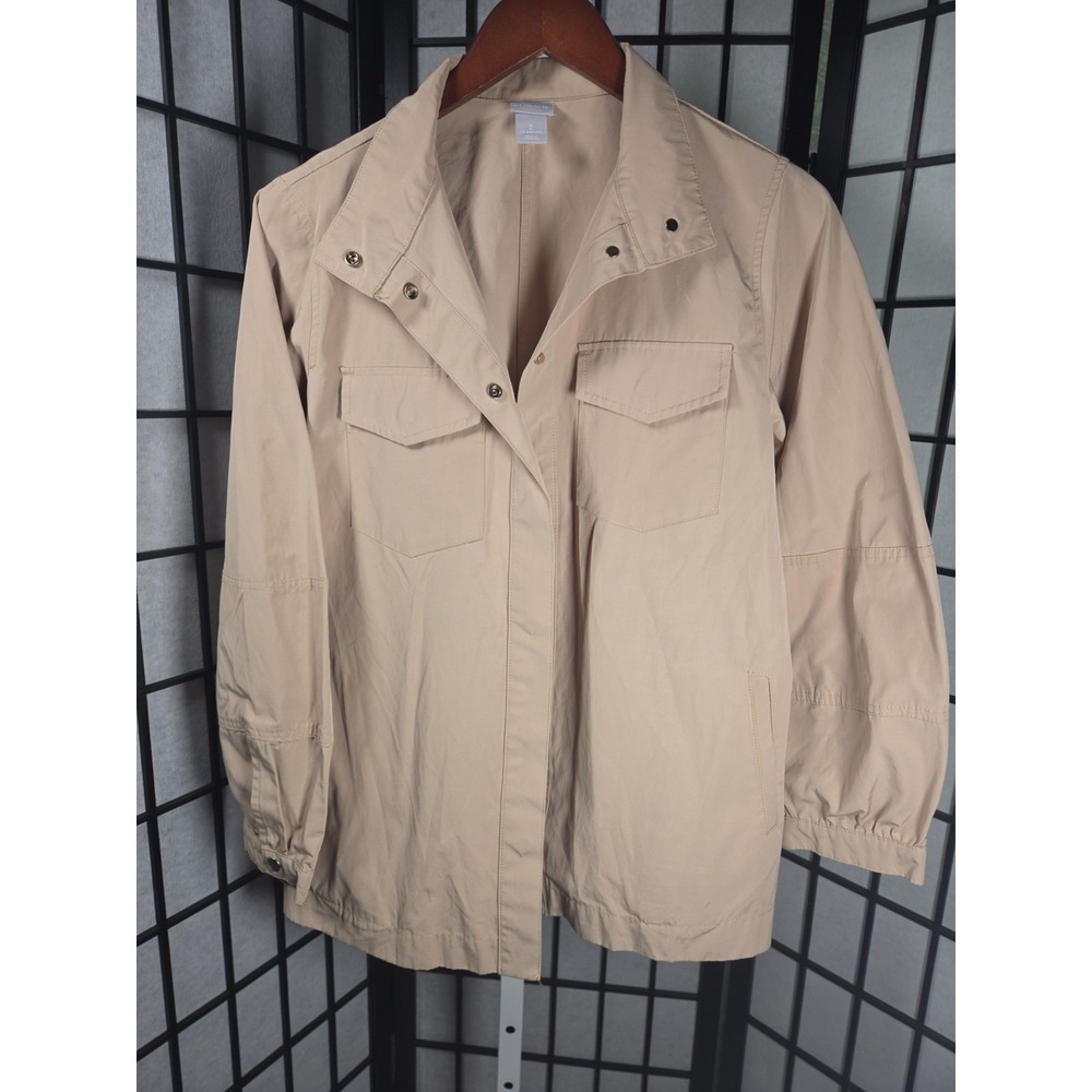 Chico's Utility Safari‎ Tan Khaki Snap Front Lightweight Jacket Size 2 Large
